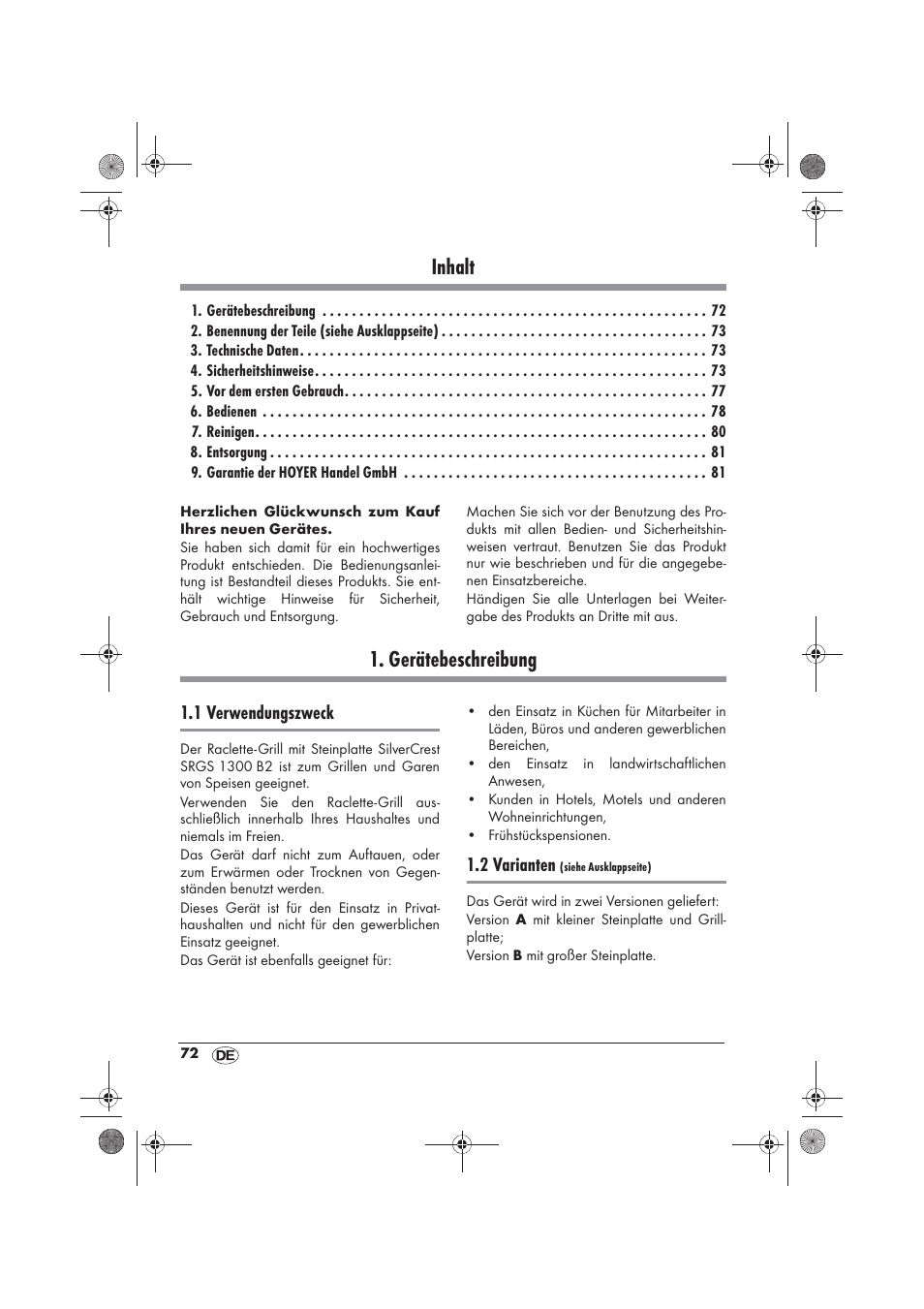 Inhalt, Gerätebeschreibung, 1 verwendungszweck | 2 varianten | Silvercrest SRGS 1300 B2 User Manual | Page 74 / 86