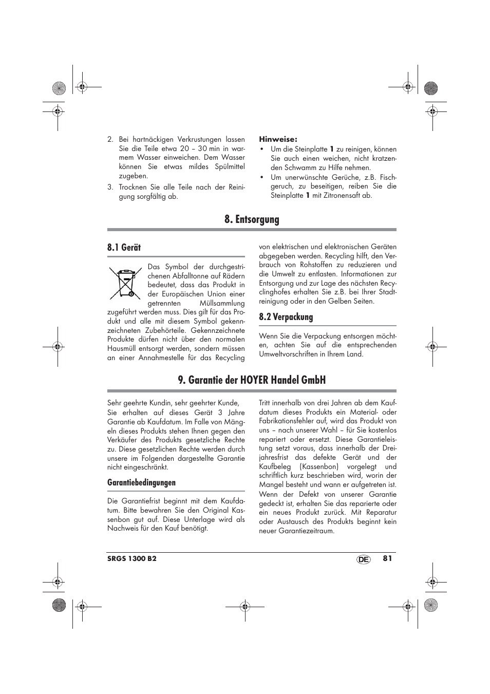 Entsorgung, Garantie der hoyer handel gmbh, 1 gerät | 2 verpackung | Silvercrest SRGS 1300 B2 User Manual | Page 83 / 86