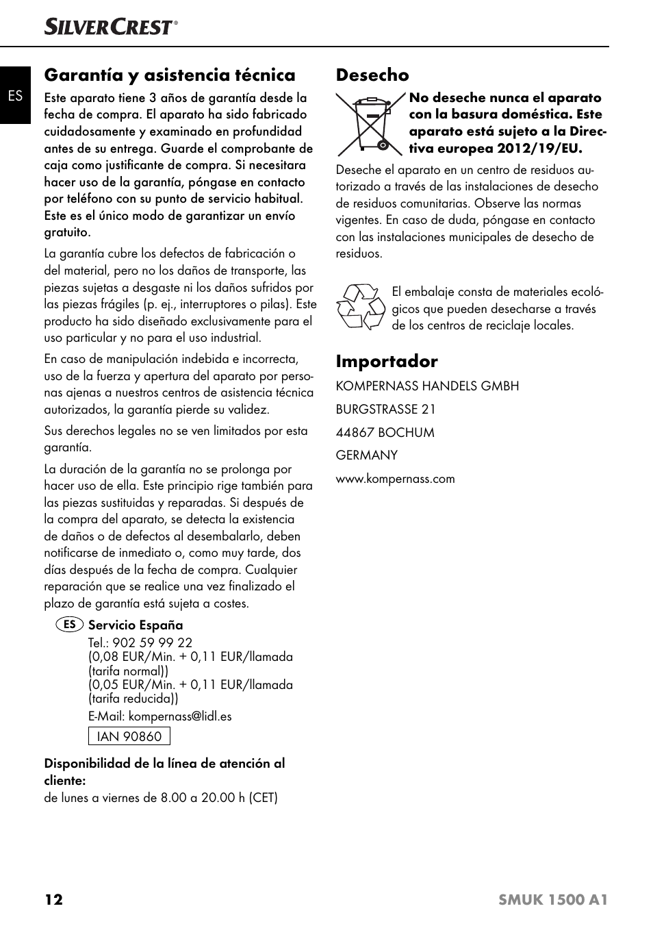 Garantía y asistencia técnica, Desecho, Importador | Silvercrest SMUK 1500 A1 User Manual | Page 15 / 64