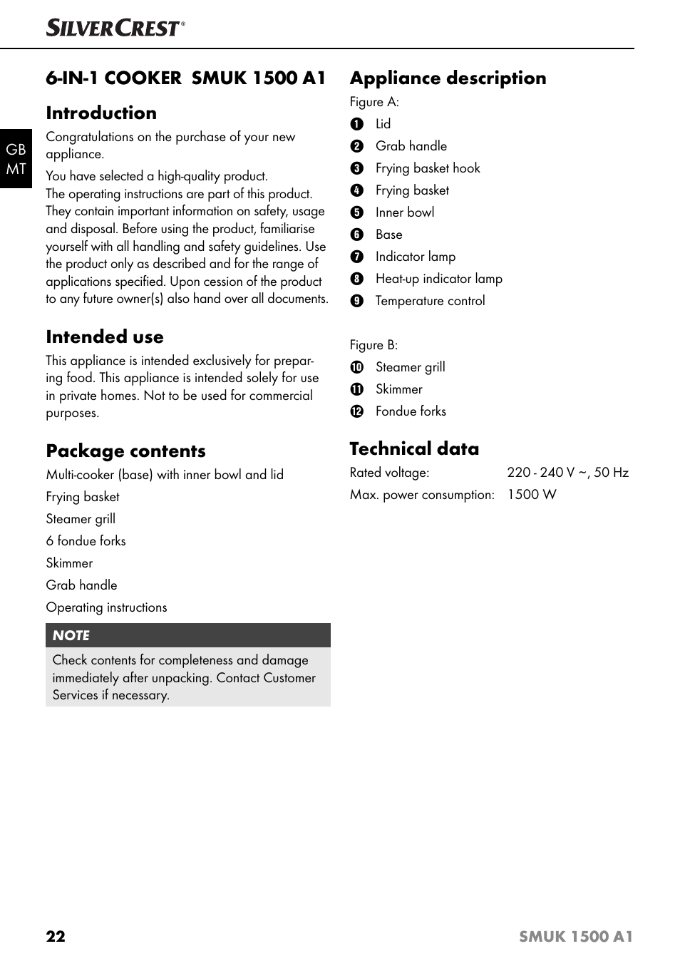 Intended use, Package contents, Appliance description | Technical data | Silvercrest SMUK 1500 A1 User Manual | Page 25 / 64