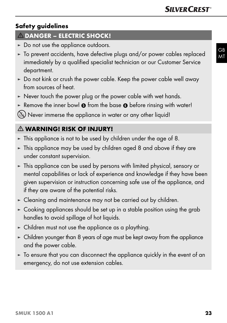 Safety guidelines, Danger – electric shock, Do not use the appliance outdoors | Remove the inner bowl, Children must not use the appliance as a plaything | Silvercrest SMUK 1500 A1 User Manual | Page 26 / 64