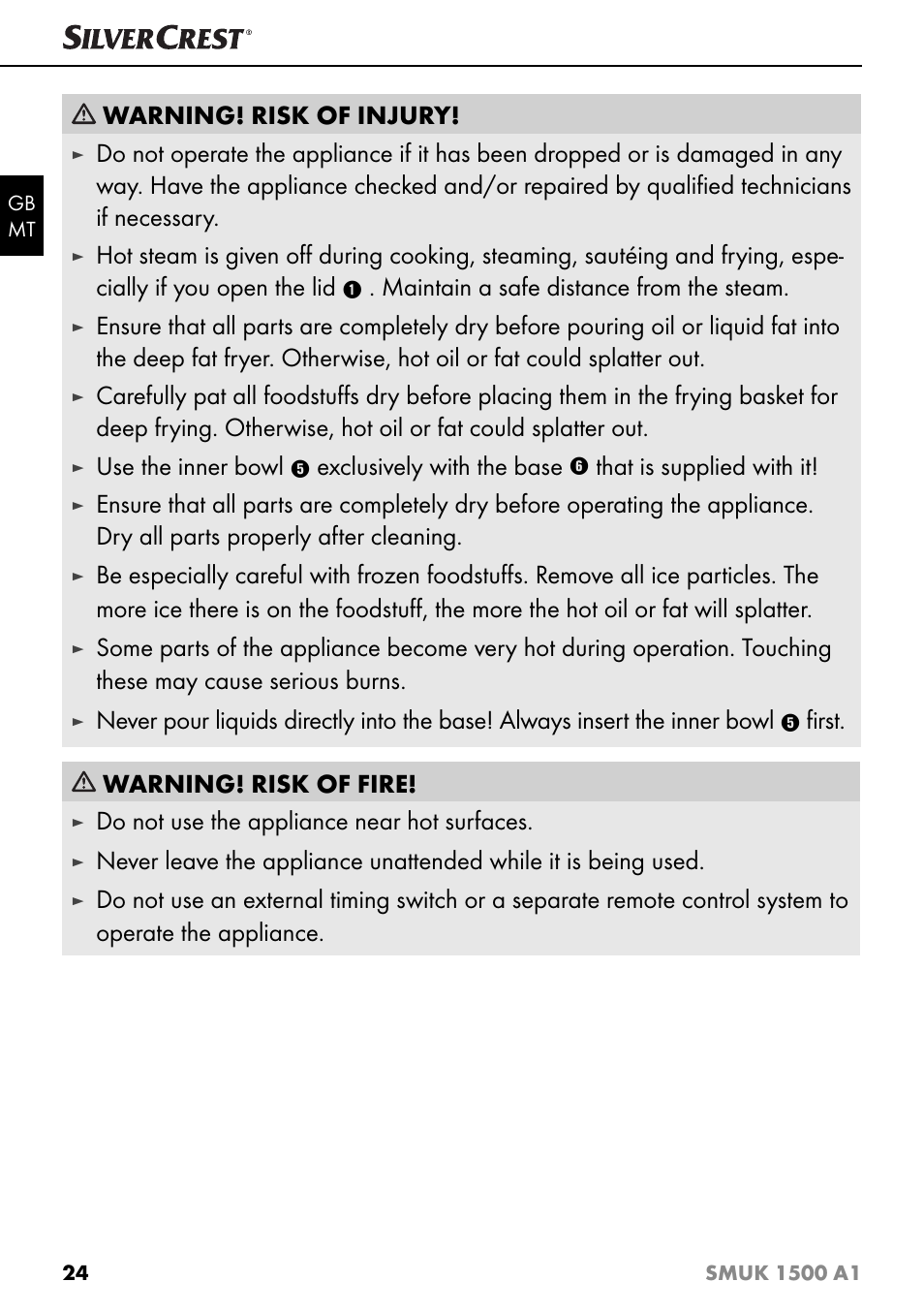 Warning! risk of injury, Maintain a safe distance from the steam, Use the inner bowl | Exclusively with the base, That is supplied with it, FI rst. warning! risk of fire, Do not use the appliance near hot surfaces | Silvercrest SMUK 1500 A1 User Manual | Page 27 / 64