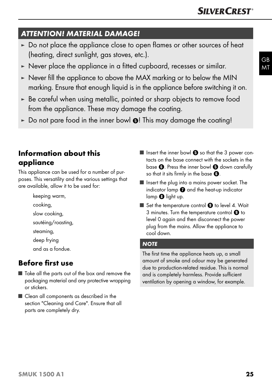 Information about this appliance, Before ﬁ rst use, Attention! material damage | Do not pare food in the inner bowl, This may damage the coating | Silvercrest SMUK 1500 A1 User Manual | Page 28 / 64