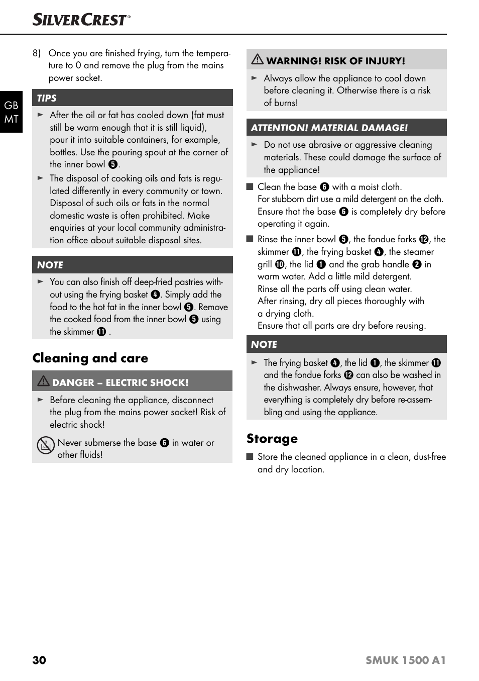 Cleaning and care, Storage | Silvercrest SMUK 1500 A1 User Manual | Page 33 / 64