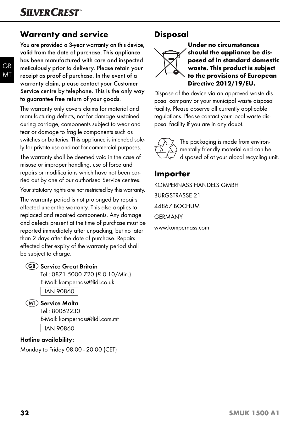 Warranty and service, Disposal, Importer | Silvercrest SMUK 1500 A1 User Manual | Page 35 / 64