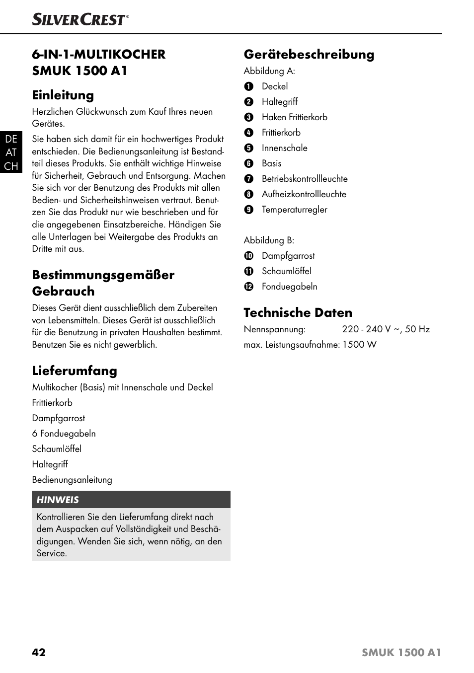 Bestimmungsgemäßer gebrauch, Lieferumfang, Gerätebeschreibung | Technische daten | Silvercrest SMUK 1500 A1 User Manual | Page 45 / 64