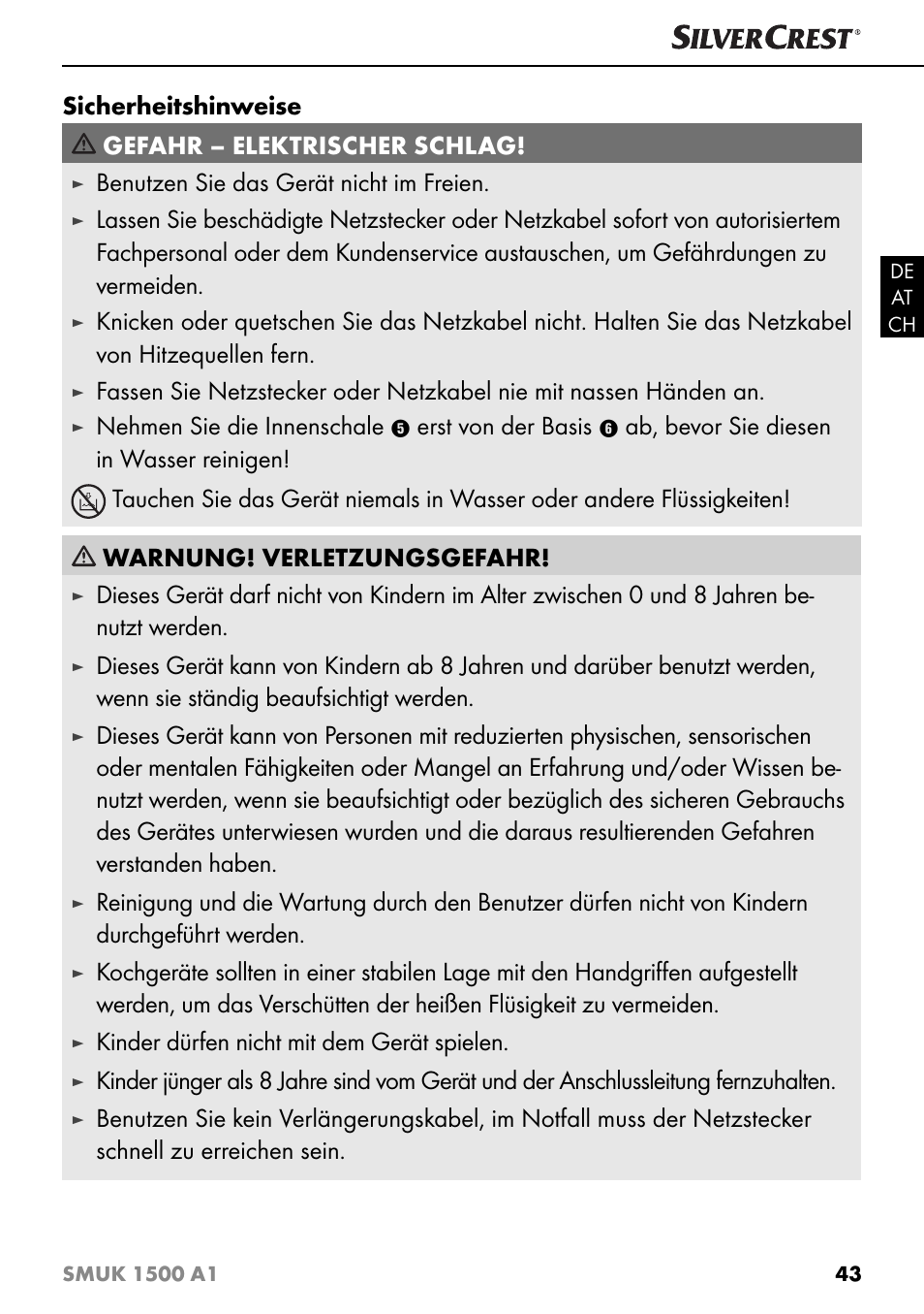 Sicherheitshinweise gefahr – elektrischer schlag, Benutzen sie das gerät nicht im freien, Nehmen sie die innenschale | Erst von der basis, Kinder dürfen nicht mit dem gerät spielen | Silvercrest SMUK 1500 A1 User Manual | Page 46 / 64