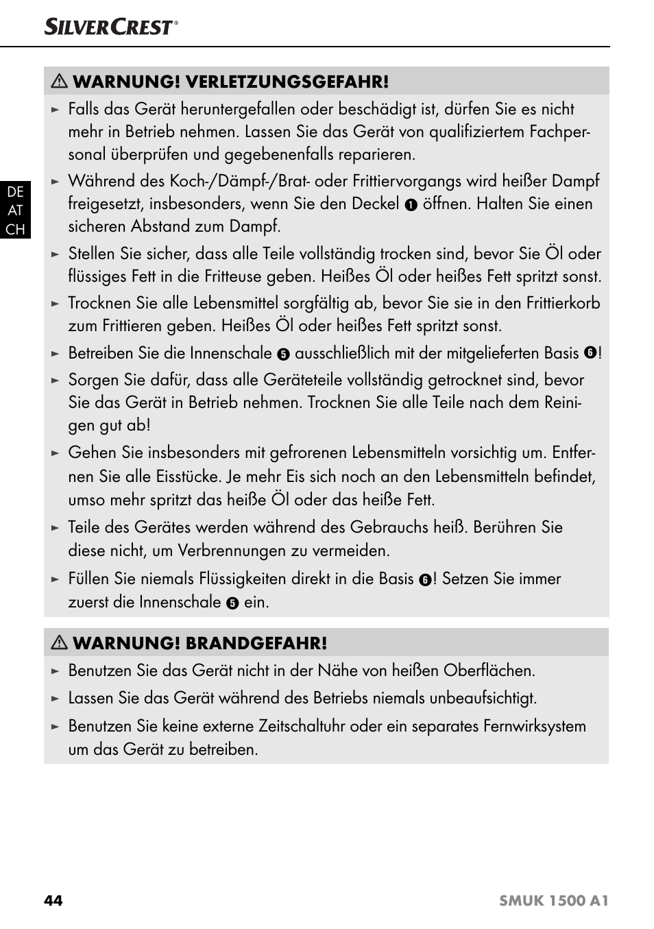 Warnung! verletzungsgefahr, Betreiben sie die innenschale, Ausschließlich mit der mitgelieferten basis | Setzen sie immer zuerst die innenschale, Ein. warnung! brandgefahr | Silvercrest SMUK 1500 A1 User Manual | Page 47 / 64