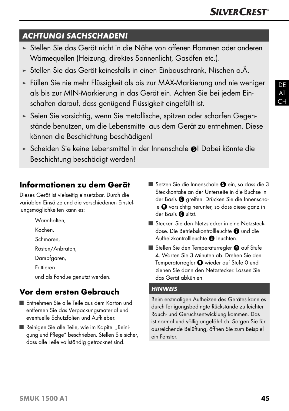 Informationen zu dem gerät, Vor dem ersten gebrauch, Achtung! sachschaden | Scheiden sie keine lebensmittel in der innenschale, Dabei könnte die beschichtung beschädigt werden | Silvercrest SMUK 1500 A1 User Manual | Page 48 / 64