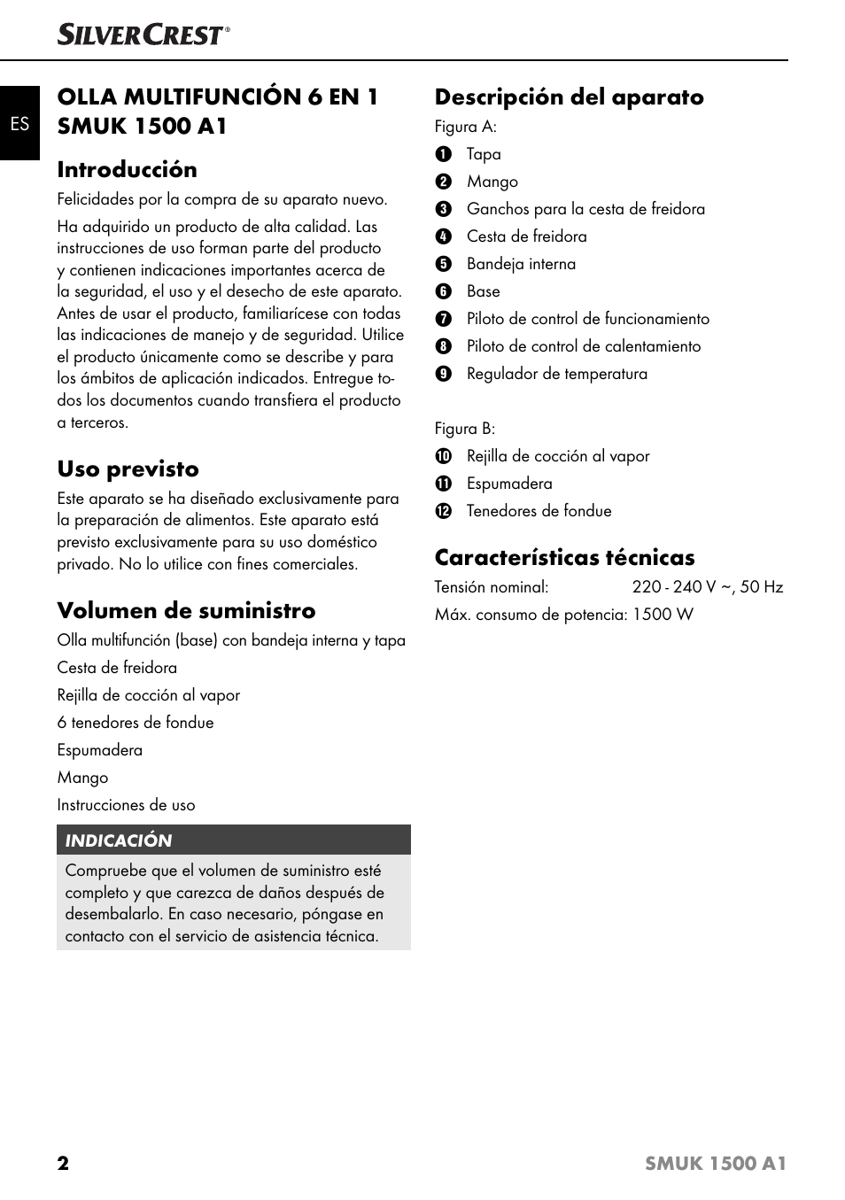 Uso previsto, Volumen de suministro, Descripción del aparato | Características técnicas | Silvercrest SMUK 1500 A1 User Manual | Page 5 / 64