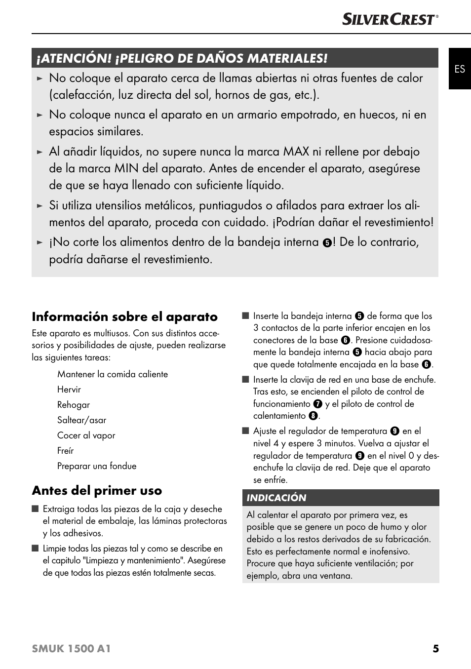 Información sobre el aparato, Antes del primer uso, Atención! ¡peligro de daños materiales | De lo contrario, podría dañarse el revestimiento | Silvercrest SMUK 1500 A1 User Manual | Page 8 / 64