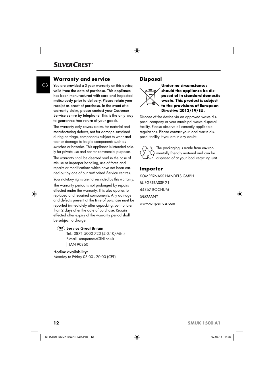Warranty and service, Disposal, Importer | Silvercrest SMUK 1500 A1 User Manual | Page 15 / 84