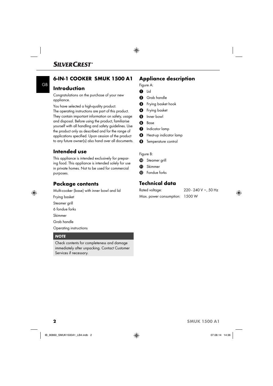 Intended use, Package contents, Appliance description | Technical data | Silvercrest SMUK 1500 A1 User Manual | Page 5 / 84