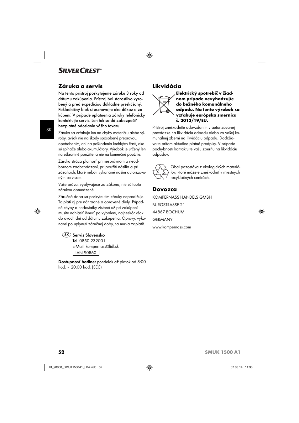 Záruka a servis, Likvidácia, Dovozca | Silvercrest SMUK 1500 A1 User Manual | Page 55 / 84