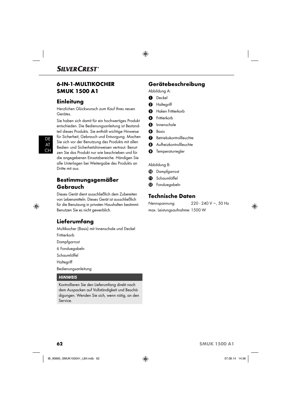 Bestimmungsgemäßer gebrauch, Lieferumfang, Gerätebeschreibung | Technische daten | Silvercrest SMUK 1500 A1 User Manual | Page 65 / 84