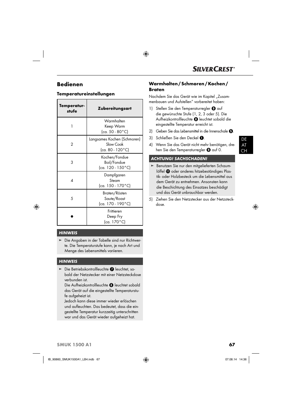 Bedienen | Silvercrest SMUK 1500 A1 User Manual | Page 70 / 84