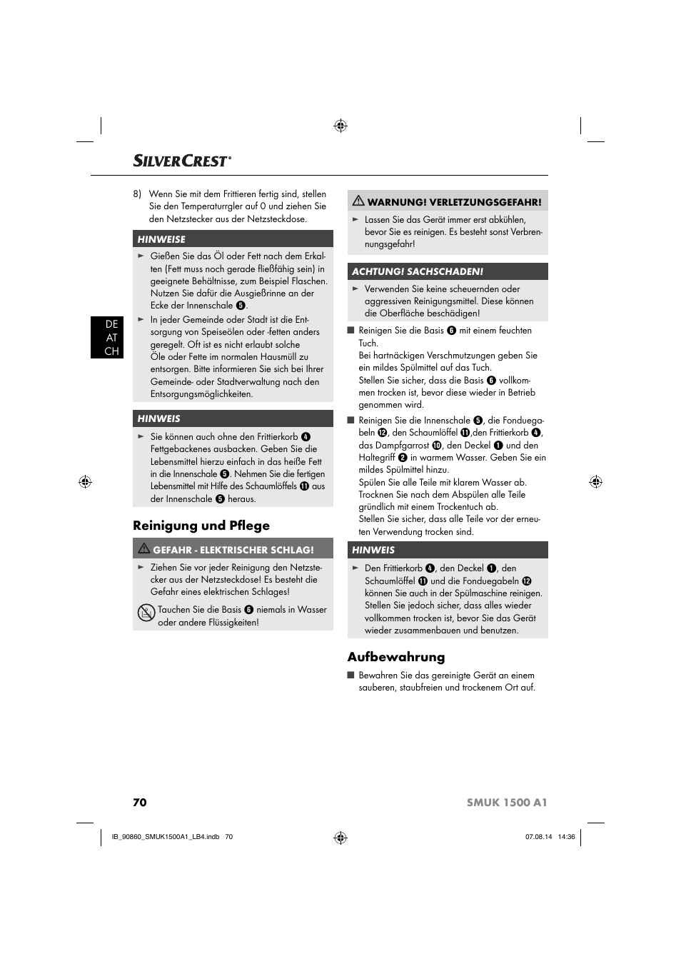 Reinigung und pﬂ ege, Aufbewahrung | Silvercrest SMUK 1500 A1 User Manual | Page 73 / 84
