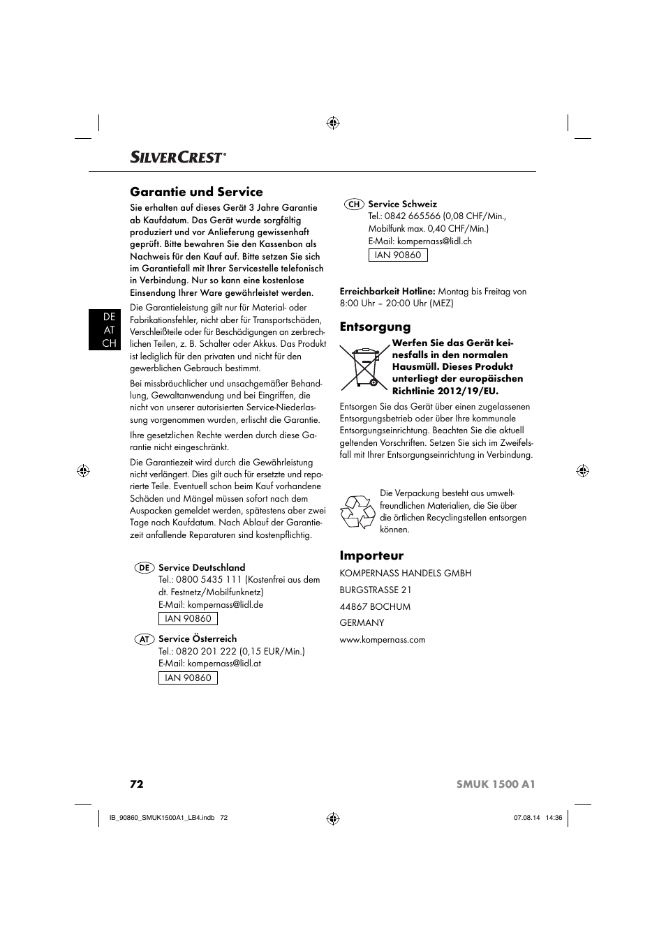 Garantie und service, Entsorgung, Importeur | Silvercrest SMUK 1500 A1 User Manual | Page 75 / 84