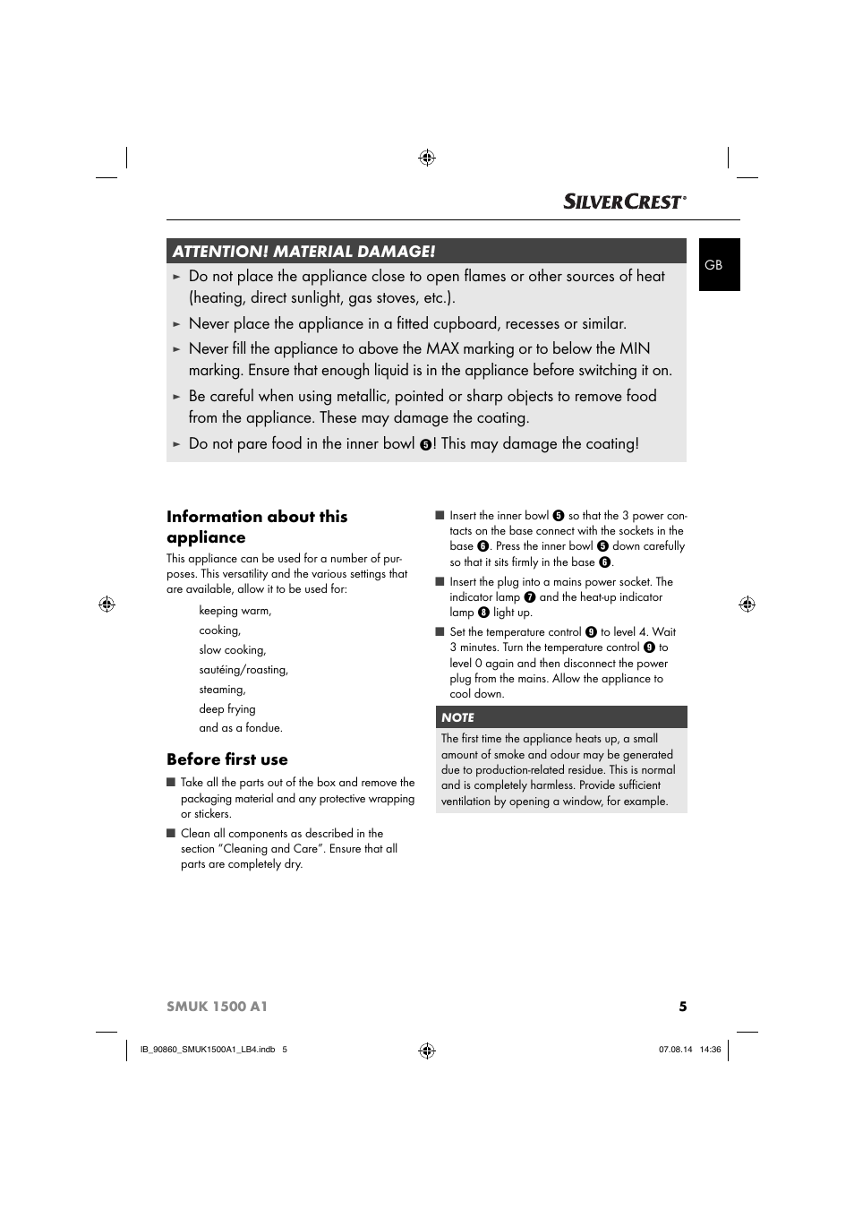 Information about this appliance, Before ﬁ rst use, Attention! material damage | Do not pare food in the inner bowl, This may damage the coating | Silvercrest SMUK 1500 A1 User Manual | Page 8 / 84