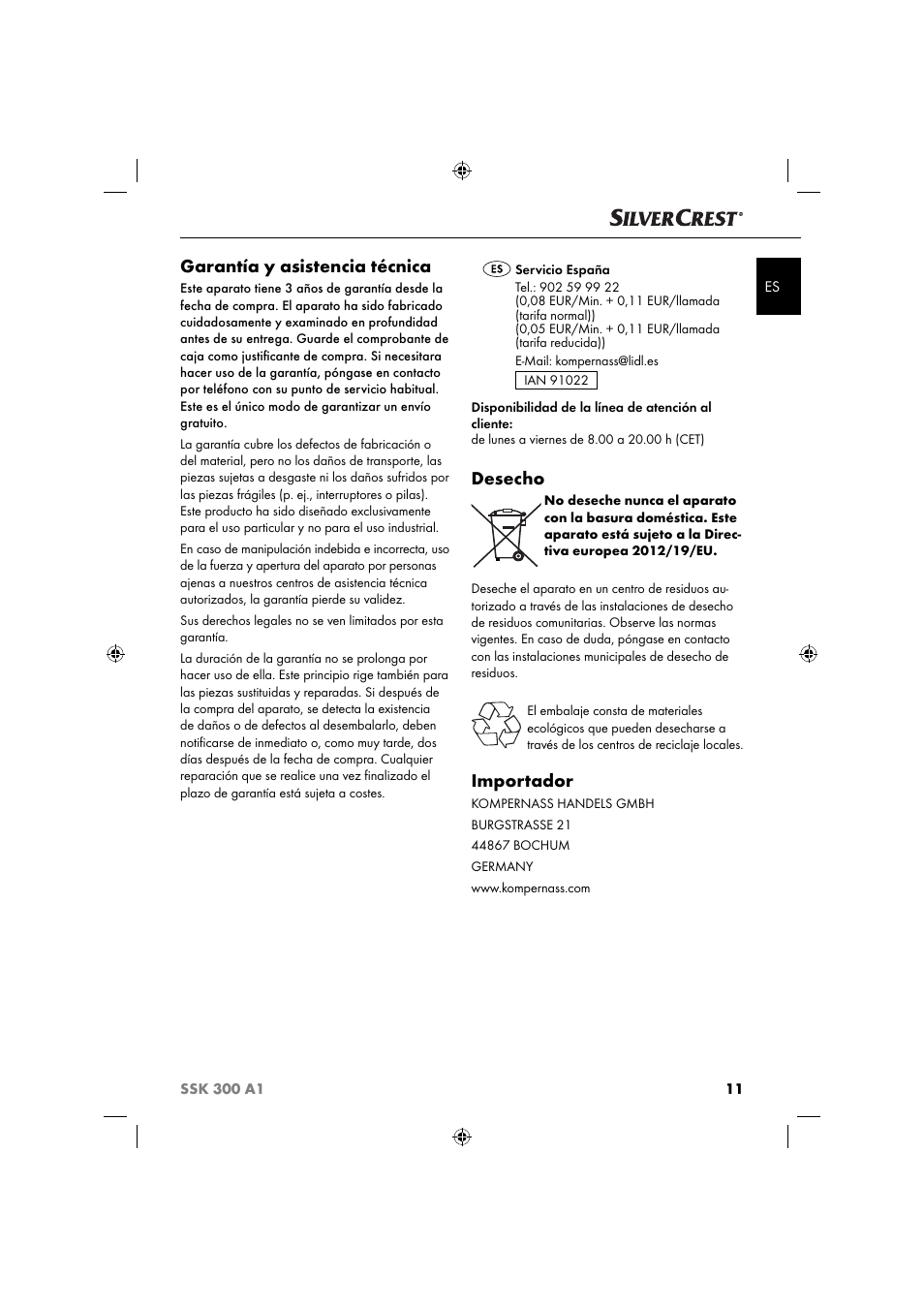 Garantía y asistencia técnica, Desecho, Importador | Silvercrest SSK 300 A1 User Manual | Page 14 / 60