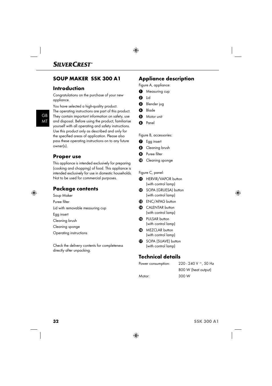 Soup maker ssk 300 a1 introduction, Proper use, Package contents | Appliance description, Technical details | Silvercrest SSK 300 A1 User Manual | Page 33 / 60
