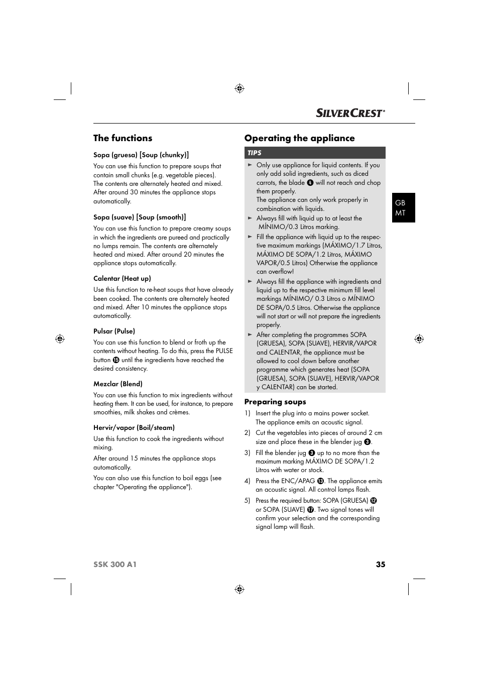 The functions, Operating the appliance | Silvercrest SSK 300 A1 User Manual | Page 36 / 60