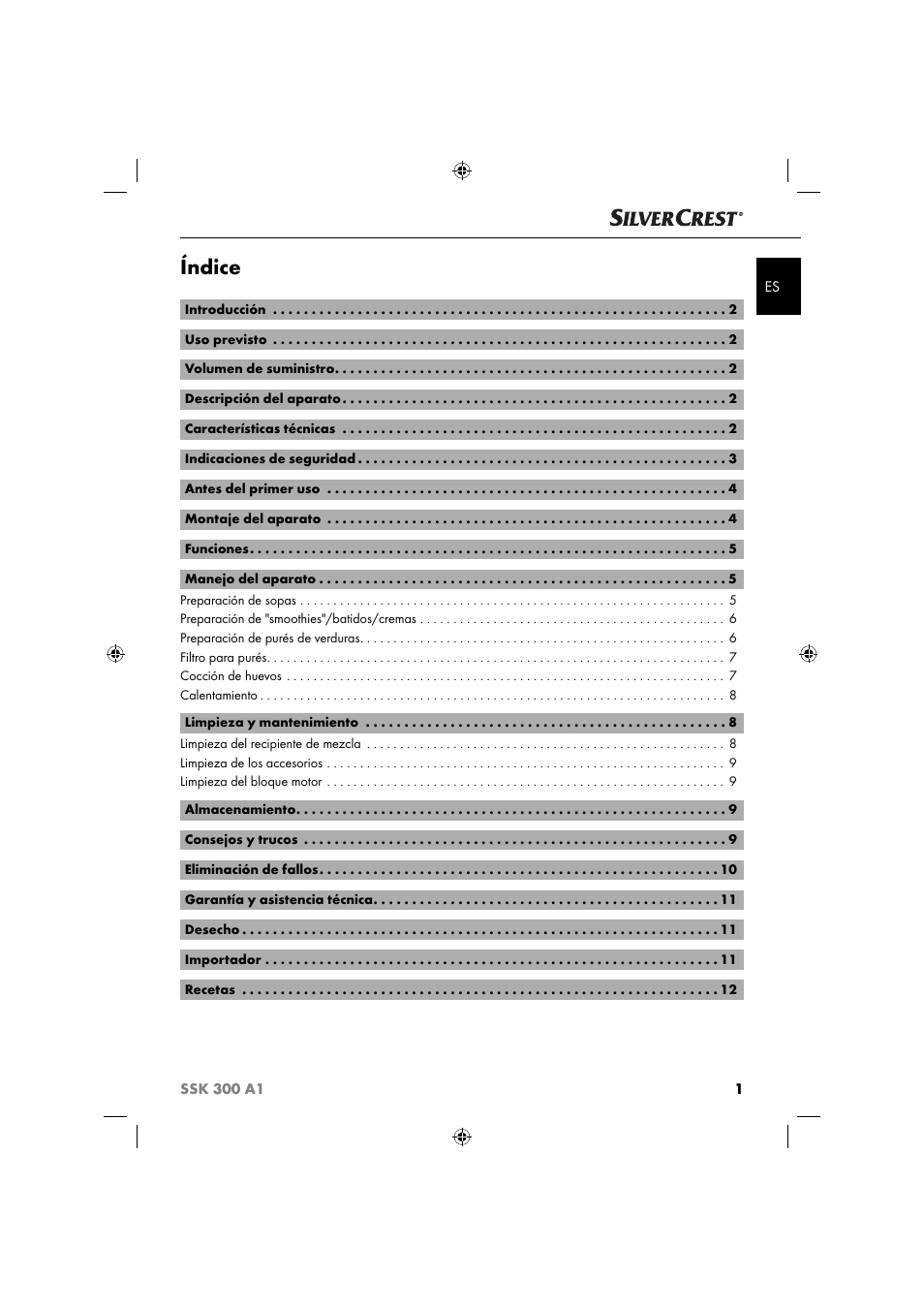 Índice | Silvercrest SSK 300 A1 User Manual | Page 4 / 60