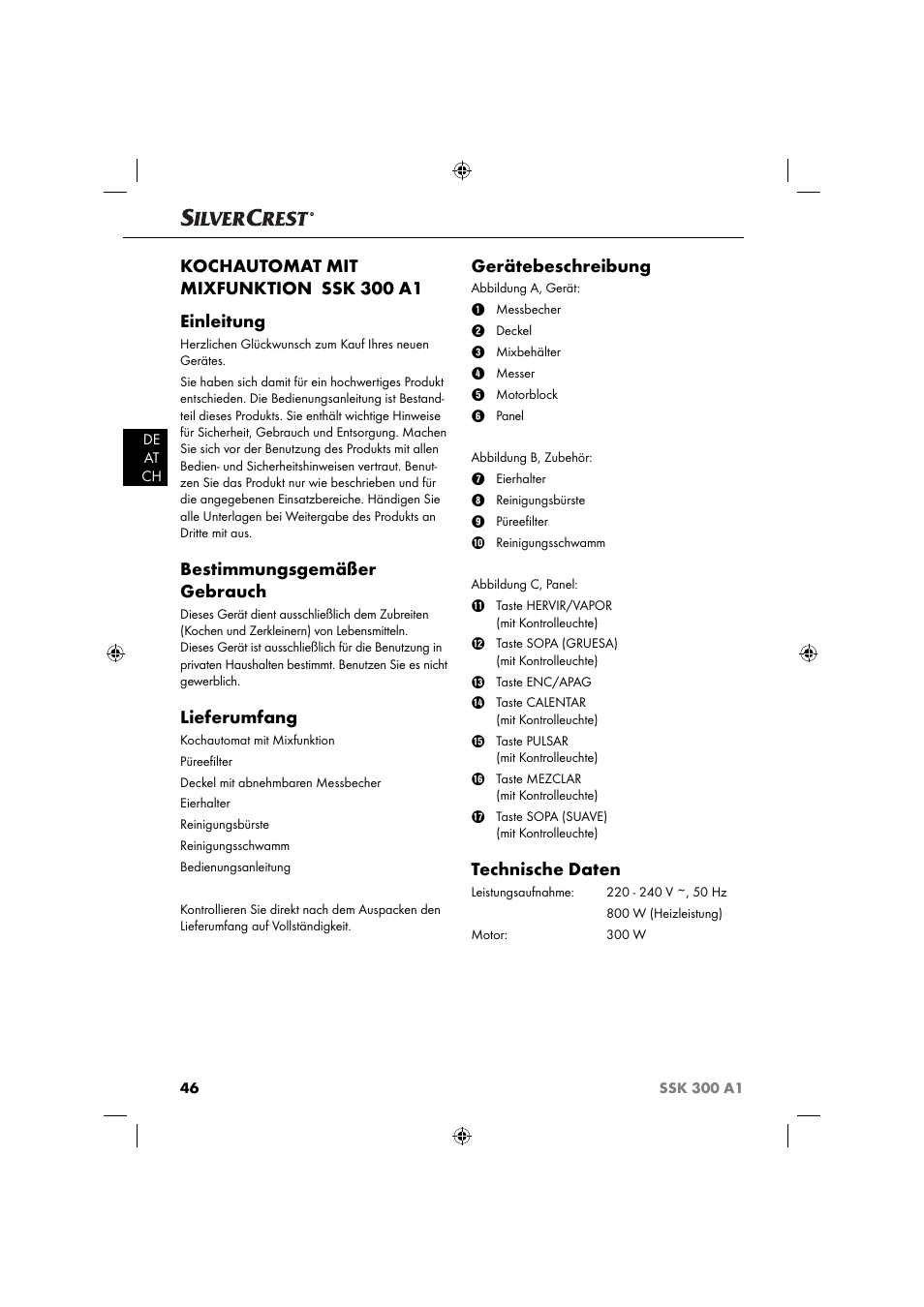 Kochautomat mit mixfunktion ssk 300 a1 einleitung, Bestimmungsgemäßer gebrauch, Lieferumfang | Gerätebeschreibung, Technische daten | Silvercrest SSK 300 A1 User Manual | Page 47 / 60