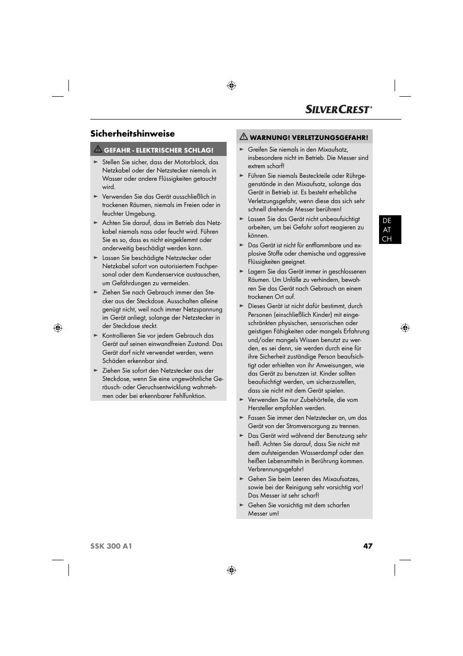 Sicherheitshinweise | Silvercrest SSK 300 A1 User Manual | Page 48 / 60