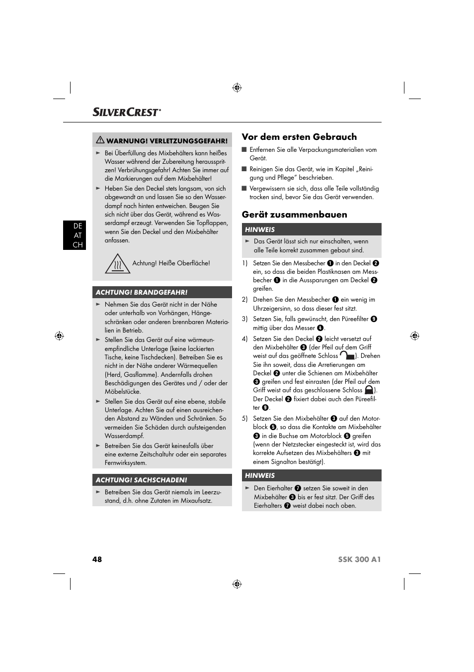 Vor dem ersten gebrauch, Gerät zusammenbauen | Silvercrest SSK 300 A1 User Manual | Page 49 / 60