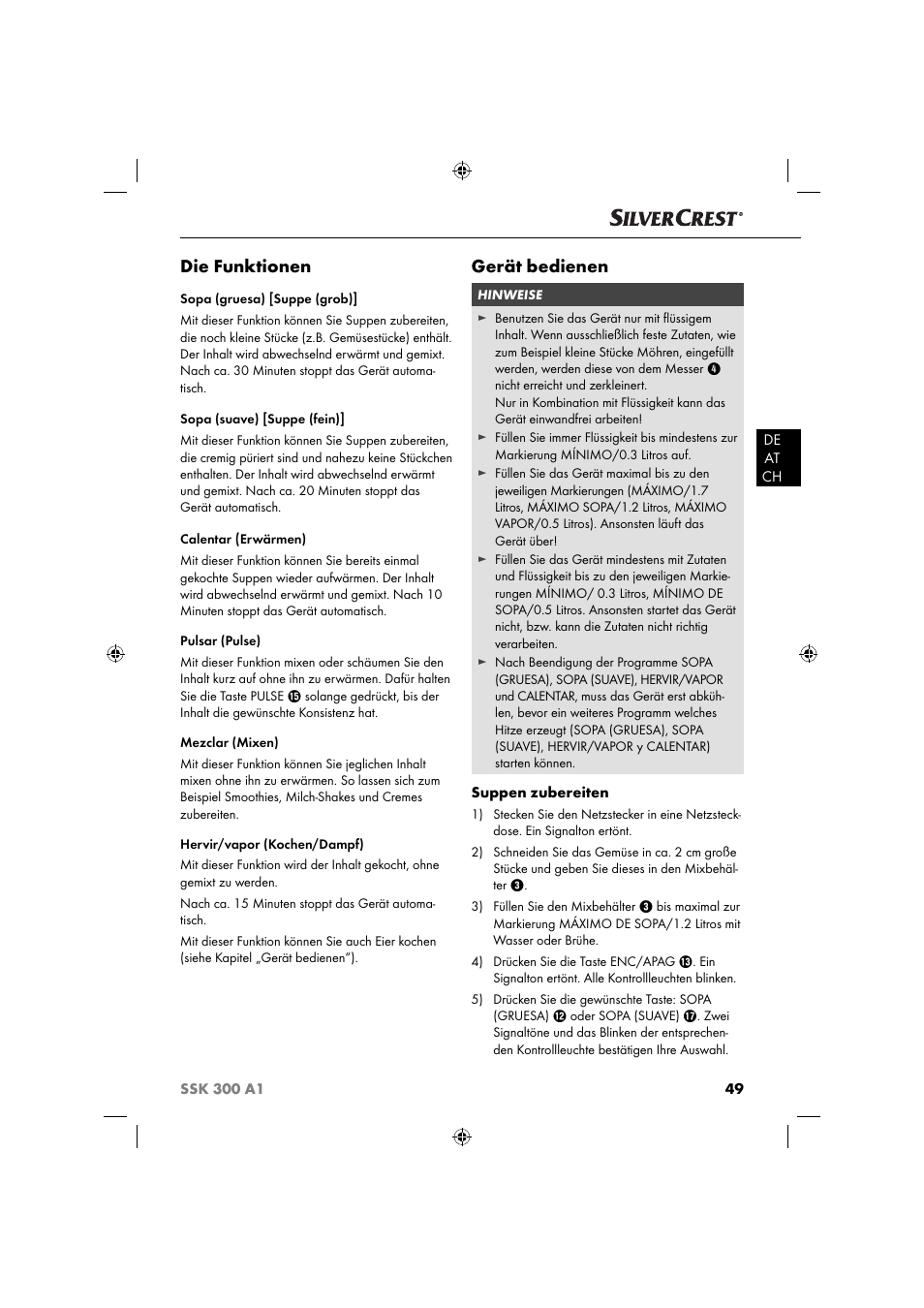 Die funktionen, Gerät bedienen | Silvercrest SSK 300 A1 User Manual | Page 50 / 60