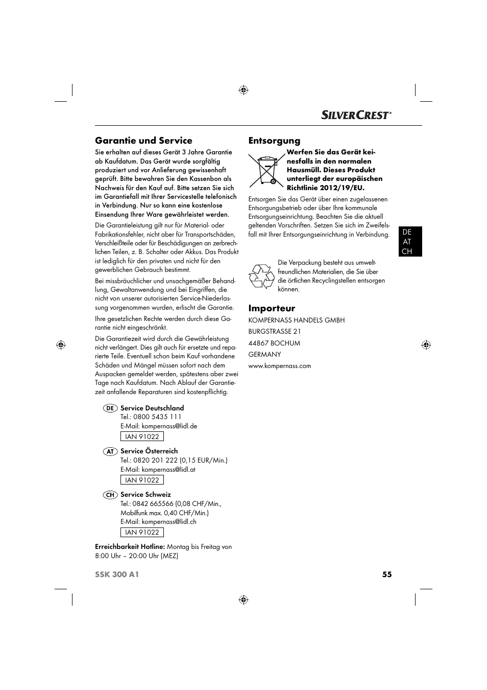 Garantie und service, Entsorgung, Importeur | Silvercrest SSK 300 A1 User Manual | Page 56 / 60