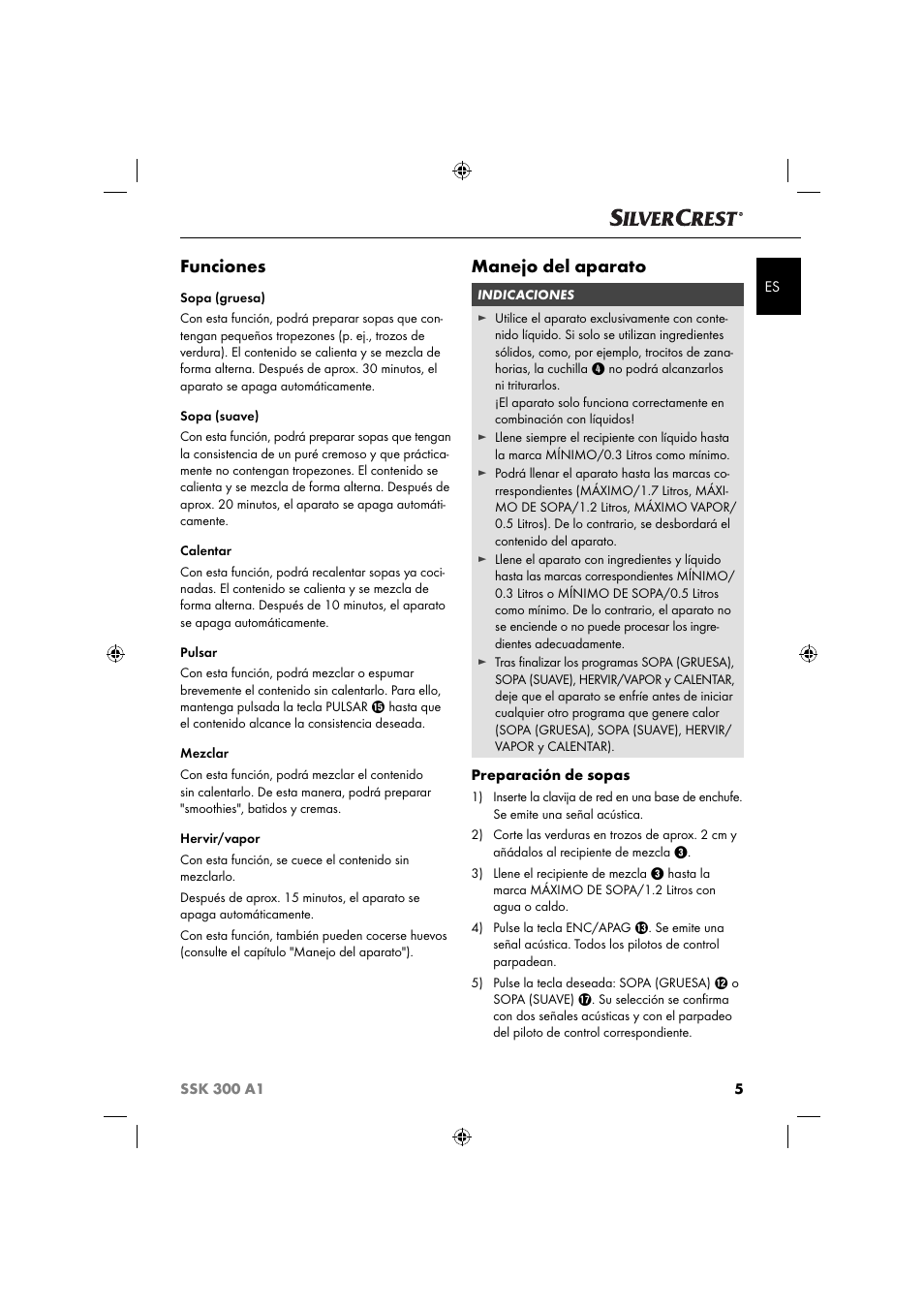 Funciones, Manejo del aparato | Silvercrest SSK 300 A1 User Manual | Page 8 / 60