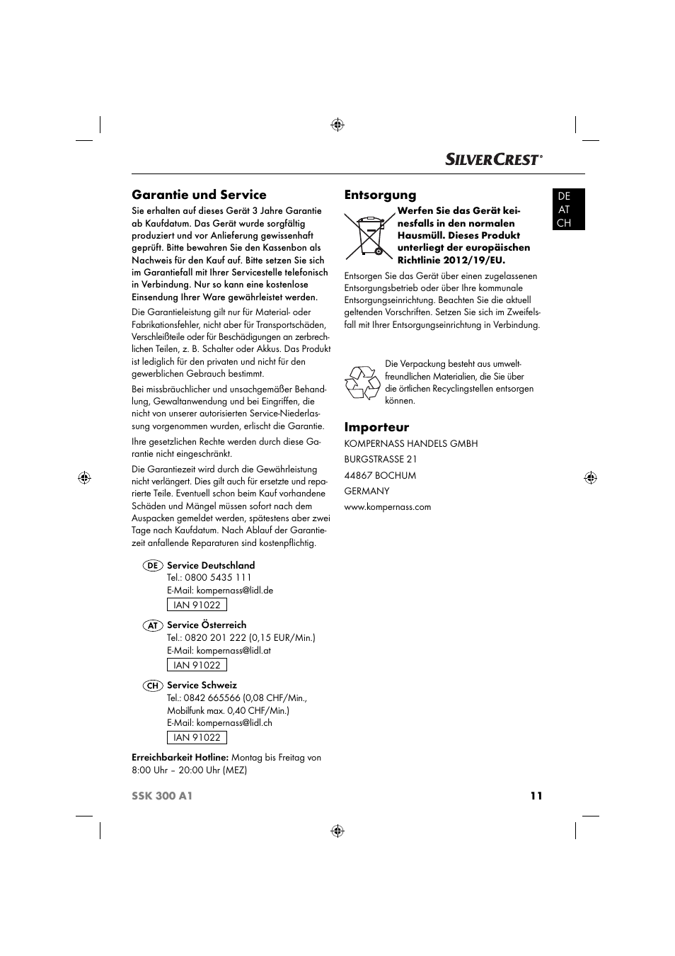 Garantie und service, Entsorgung, Importeur | Silvercrest SSK 300 A1 User Manual | Page 14 / 60