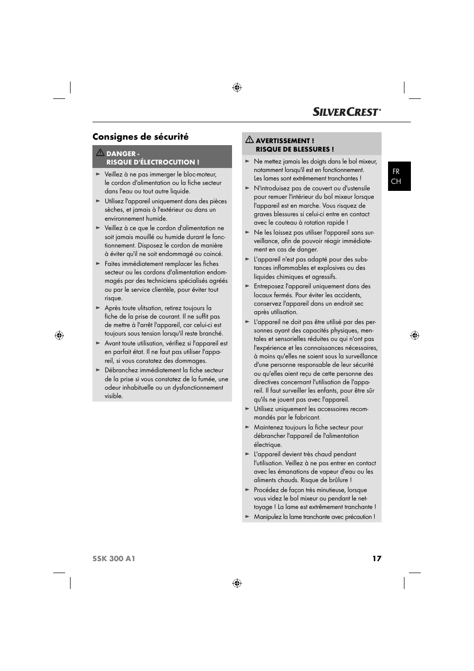 Consignes de sécurité | Silvercrest SSK 300 A1 User Manual | Page 20 / 60