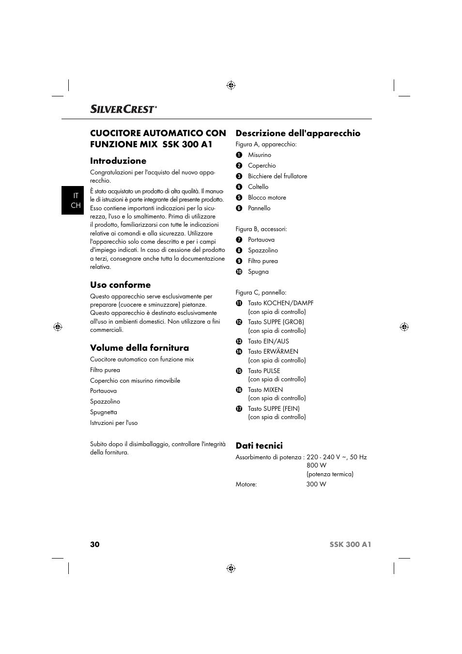 Uso conforme, Volume della fornitura, Descrizione dell'apparecchio | Dati tecnici | Silvercrest SSK 300 A1 User Manual | Page 33 / 60