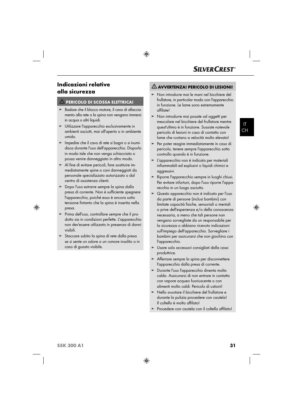 Indicazioni relative alla sicurezza | Silvercrest SSK 300 A1 User Manual | Page 34 / 60