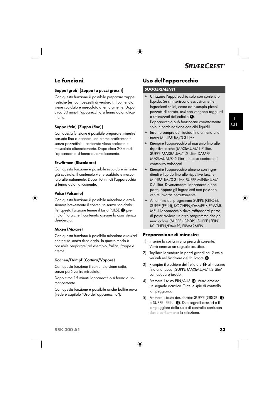 Le funzioni, Uso dell'apparecchio | Silvercrest SSK 300 A1 User Manual | Page 36 / 60