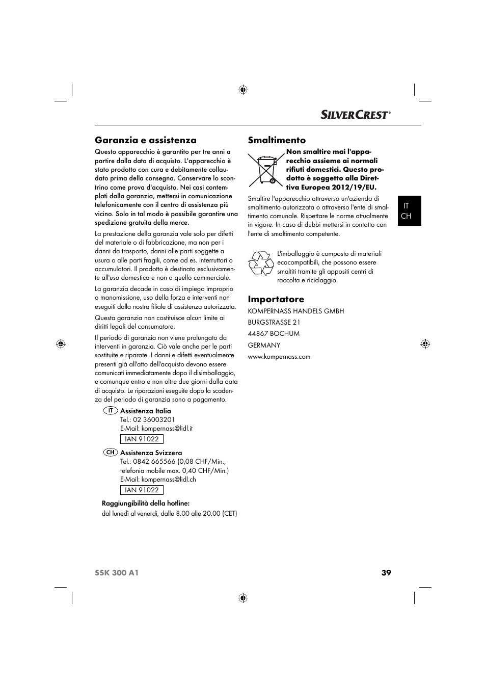 Garanzia e assistenza, Smaltimento, Importatore | Silvercrest SSK 300 A1 User Manual | Page 42 / 60