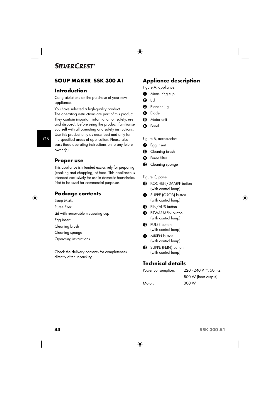 Soup maker ssk 300 a1 introduction, Proper use, Package contents | Appliance description, Technical details | Silvercrest SSK 300 A1 User Manual | Page 47 / 60