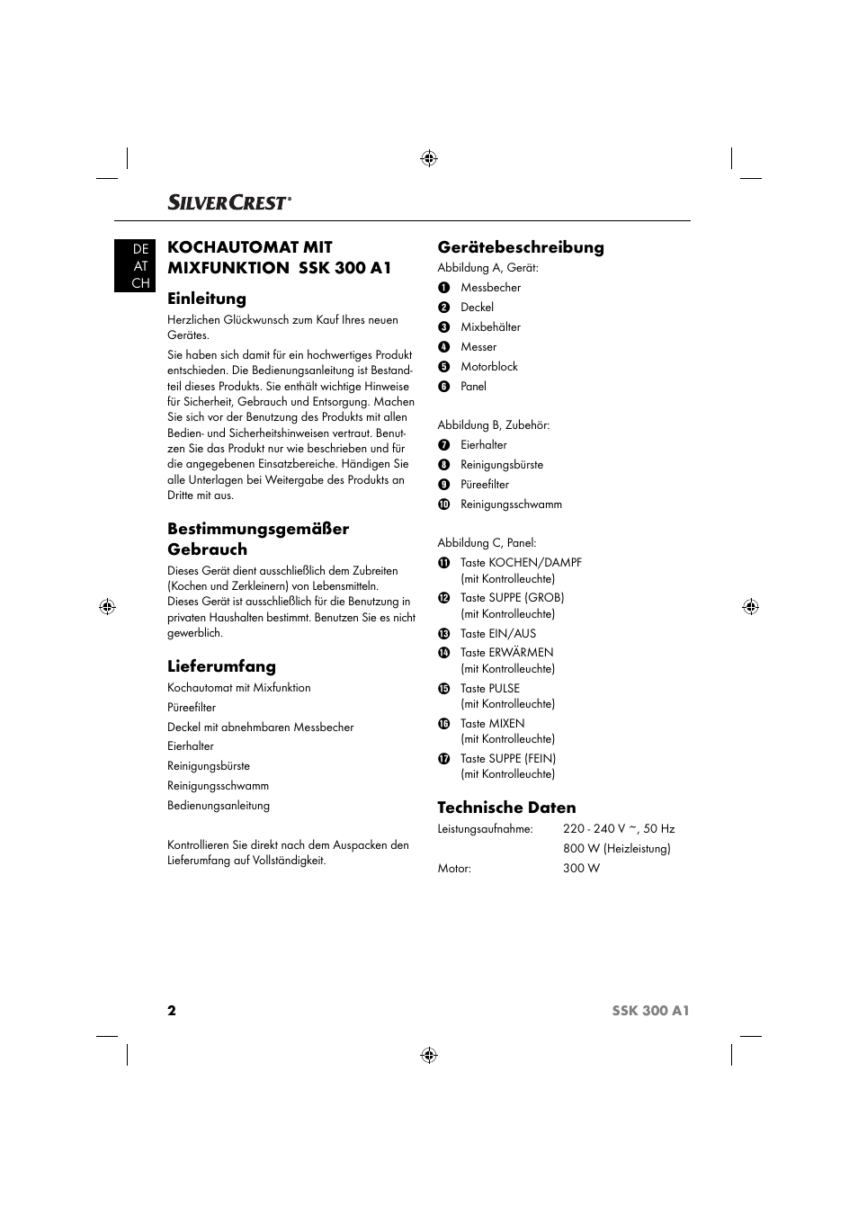 Kochautomat mit mixfunktion ssk 300 a1 einleitung, Bestimmungsgemäßer gebrauch, Lieferumfang | Gerätebeschreibung, Technische daten | Silvercrest SSK 300 A1 User Manual | Page 5 / 60