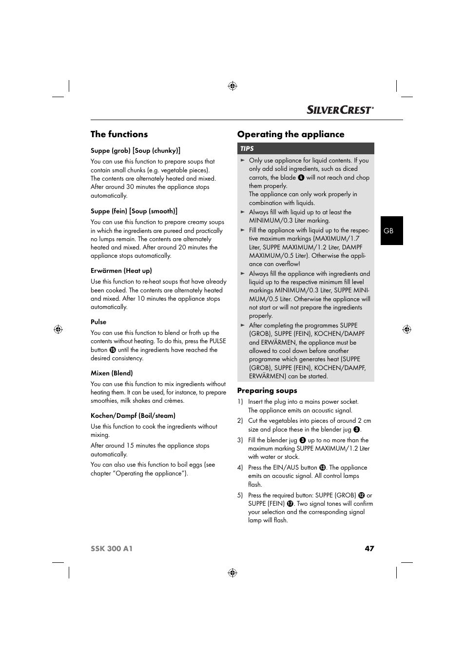 The functions, Operating the appliance | Silvercrest SSK 300 A1 User Manual | Page 50 / 60