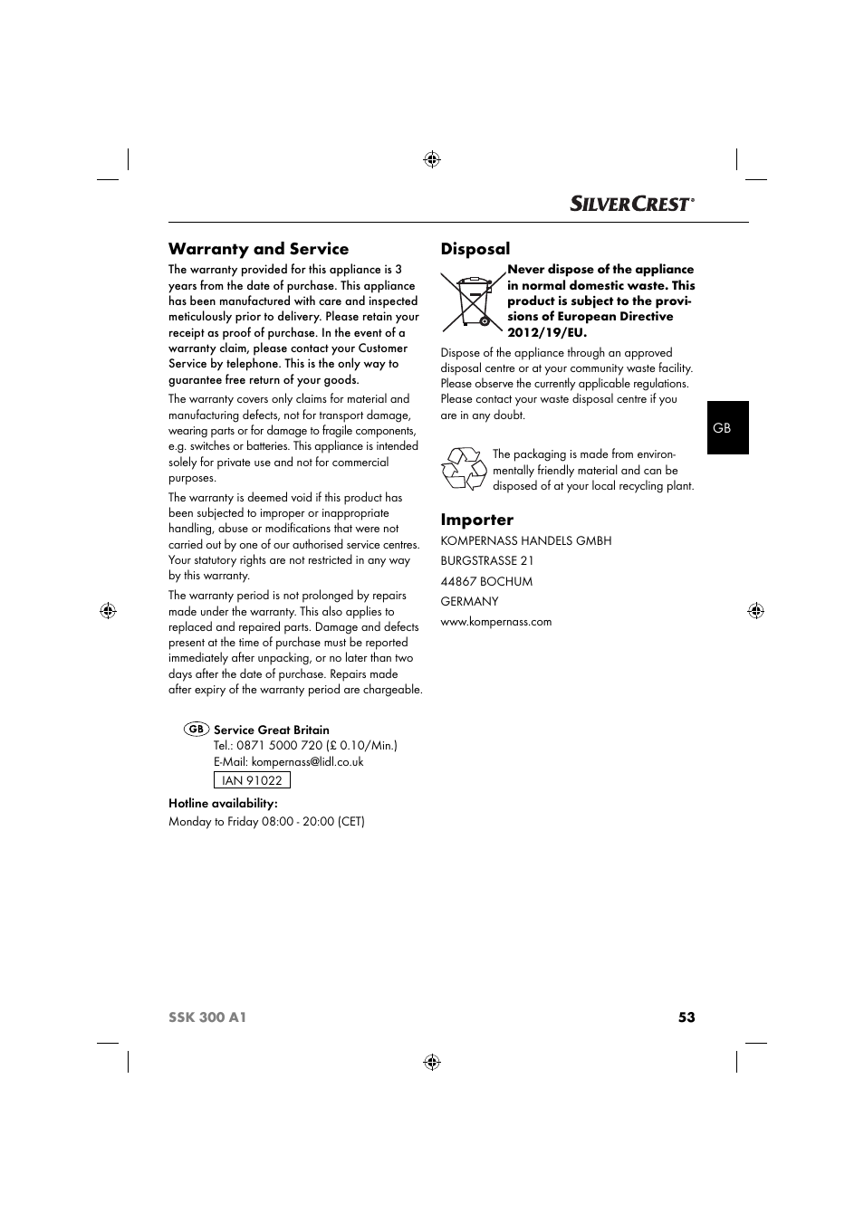 Warranty and service, Disposal, Importer | Silvercrest SSK 300 A1 User Manual | Page 56 / 60