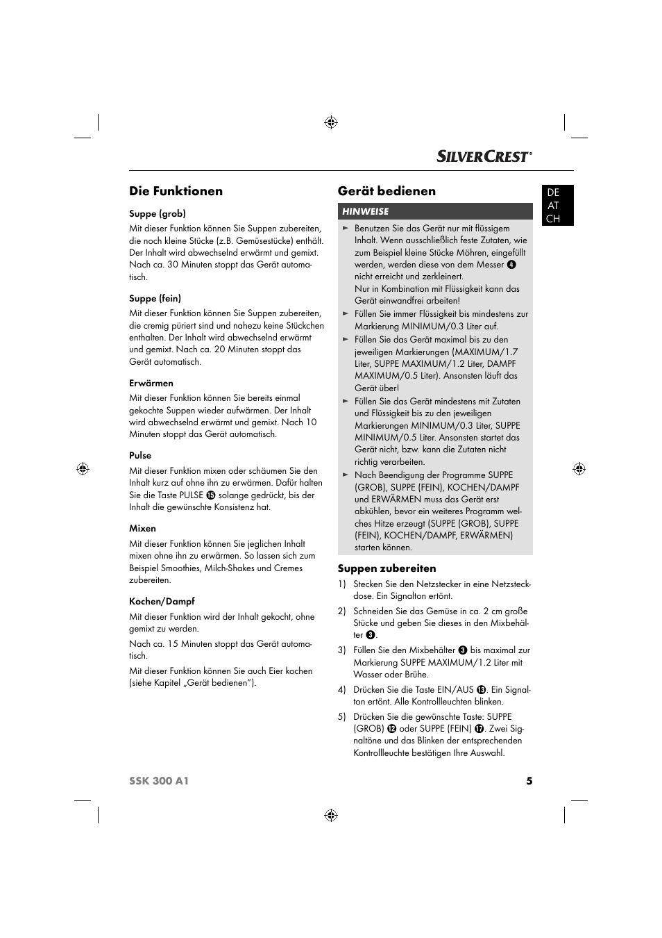 Die funktionen, Gerät bedienen | Silvercrest SSK 300 A1 User Manual | Page 8 / 60