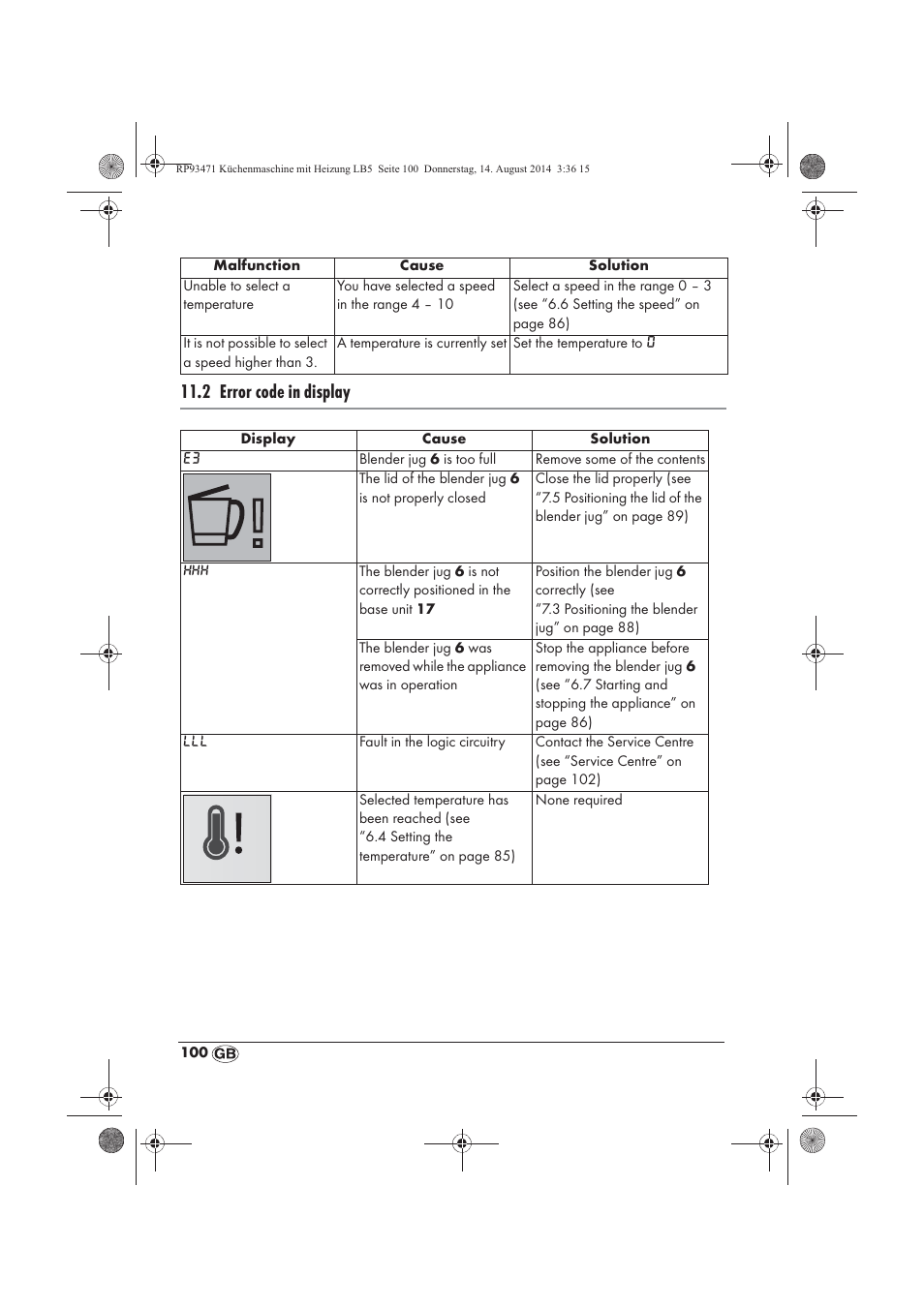 2 error code in display | Silvercrest SKMH 1100 A1 User Manual | Page 102 / 130