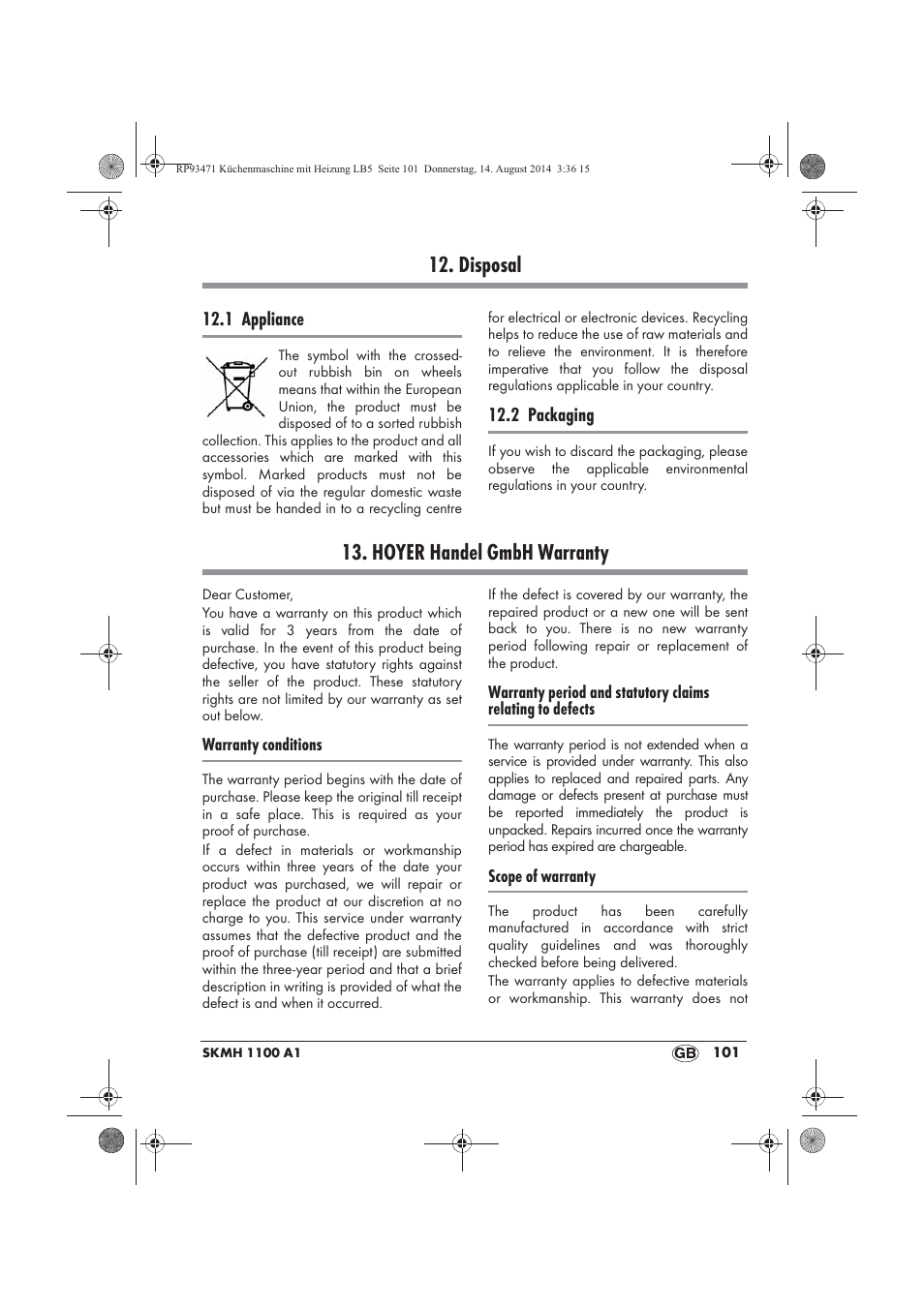 Disposal, Hoyer handel gmbh warranty | Silvercrest SKMH 1100 A1 User Manual | Page 103 / 130