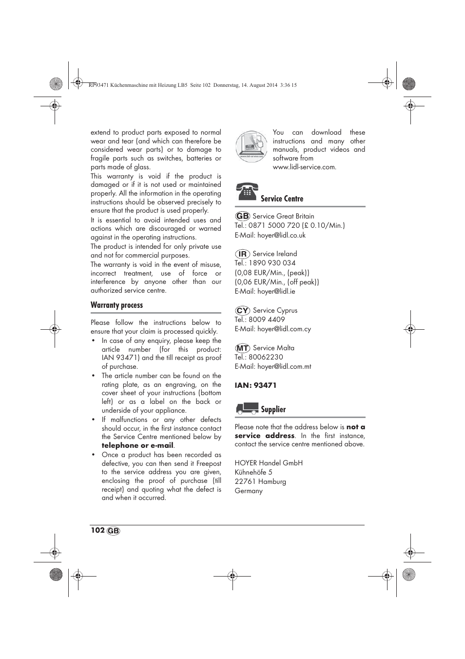 Warranty process, Service centre, Supplier | Silvercrest SKMH 1100 A1 User Manual | Page 104 / 130