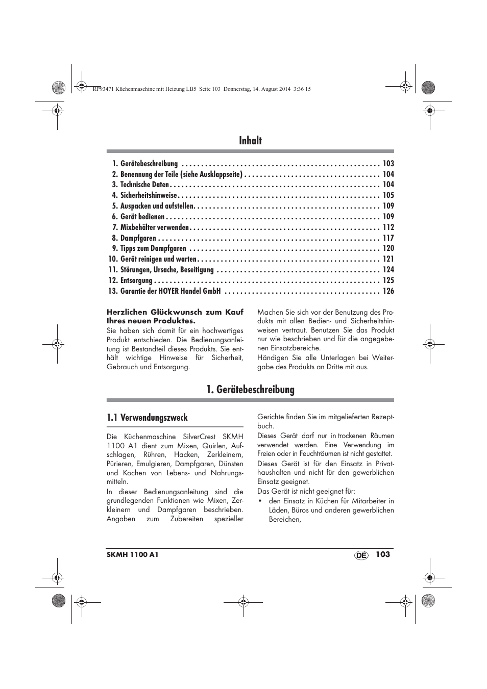 Inhalt, Gerätebeschreibung | Silvercrest SKMH 1100 A1 User Manual | Page 105 / 130