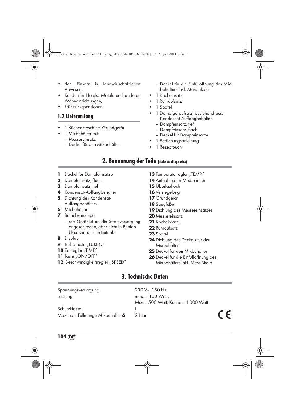 Benennung der teile, Technische daten, 2 lieferumfang | Silvercrest SKMH 1100 A1 User Manual | Page 106 / 130