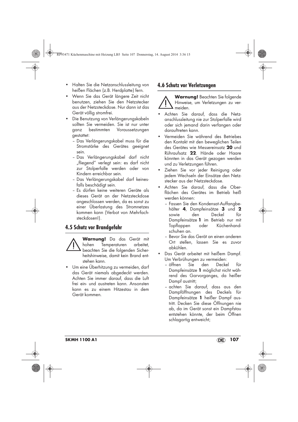 5 schutz vor brandgefahr, 6 schutz vor verletzungen | Silvercrest SKMH 1100 A1 User Manual | Page 109 / 130